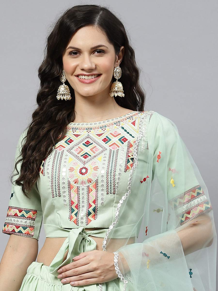 Tea Green Cotton Embroidered Party Lehenga Choli