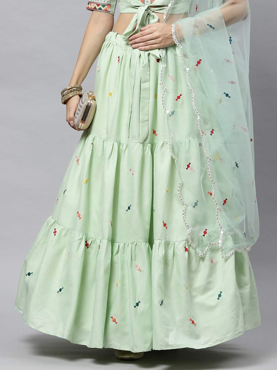Tea Green Cotton Embroidered Party Lehenga Choli