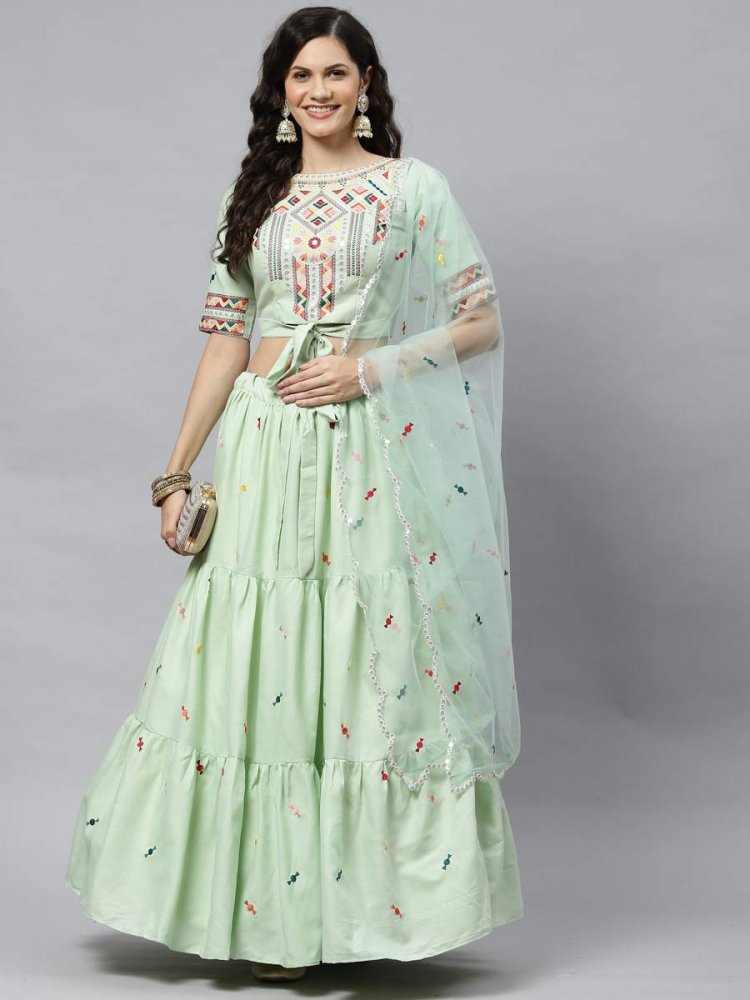 Tea Green Cotton Embroidered Party Lehenga Choli