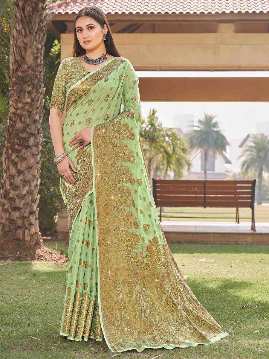 Tea Green Cotton Handwoven Party Saree