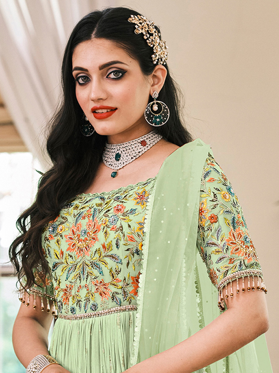 Tea Green Faux Georgette Embroidered Party Lawn Kameez