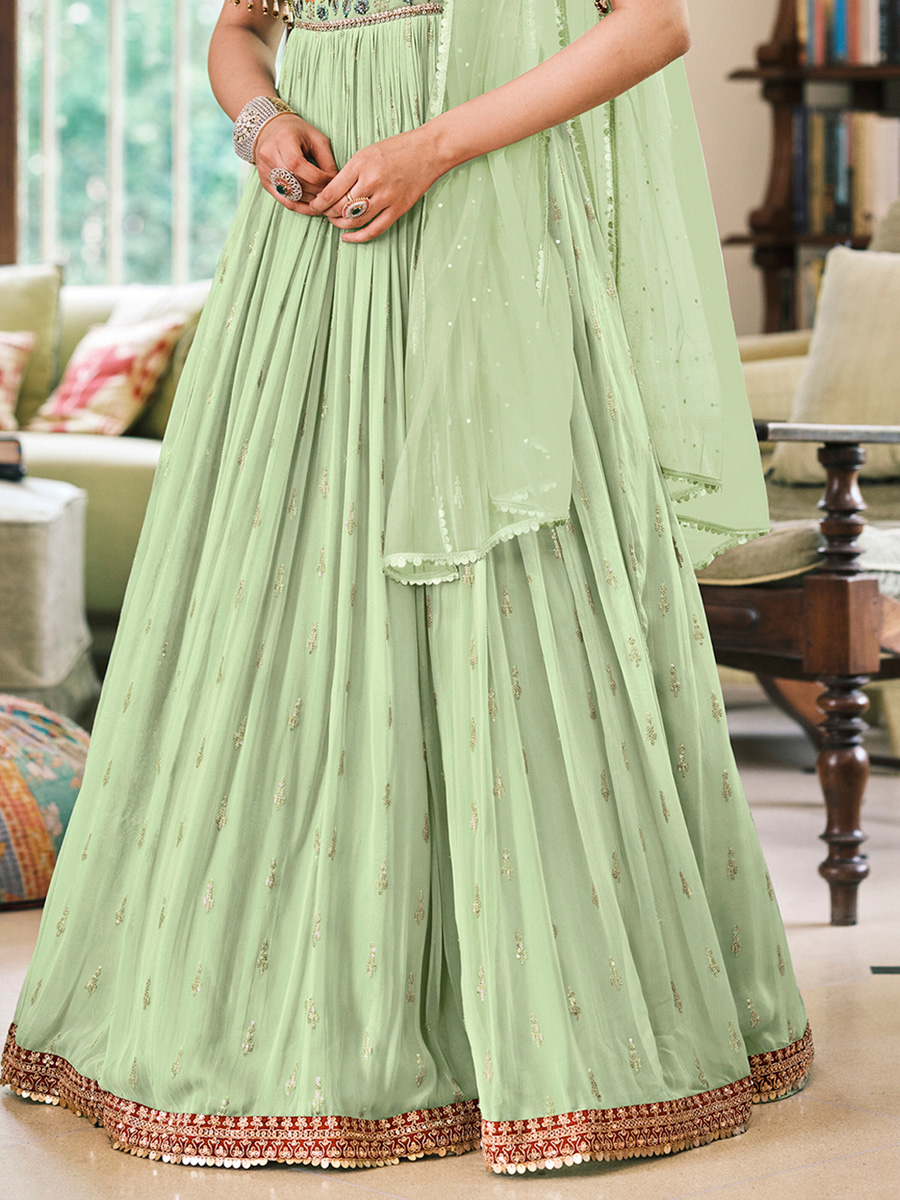 Tea Green Faux Georgette Embroidered Party Lawn Kameez