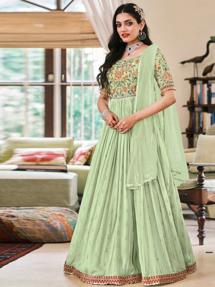 Tea Green Faux Georgette Embroidered Party Lawn Kameez