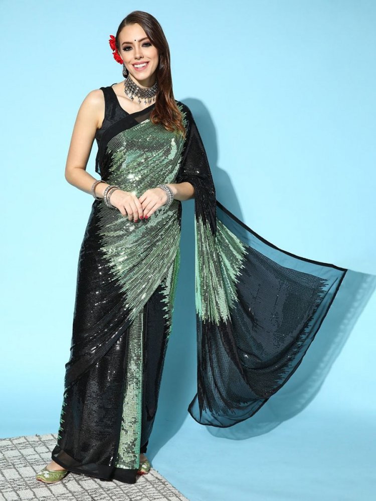 Tea Green Faux Georgette Embroidered Party Saree