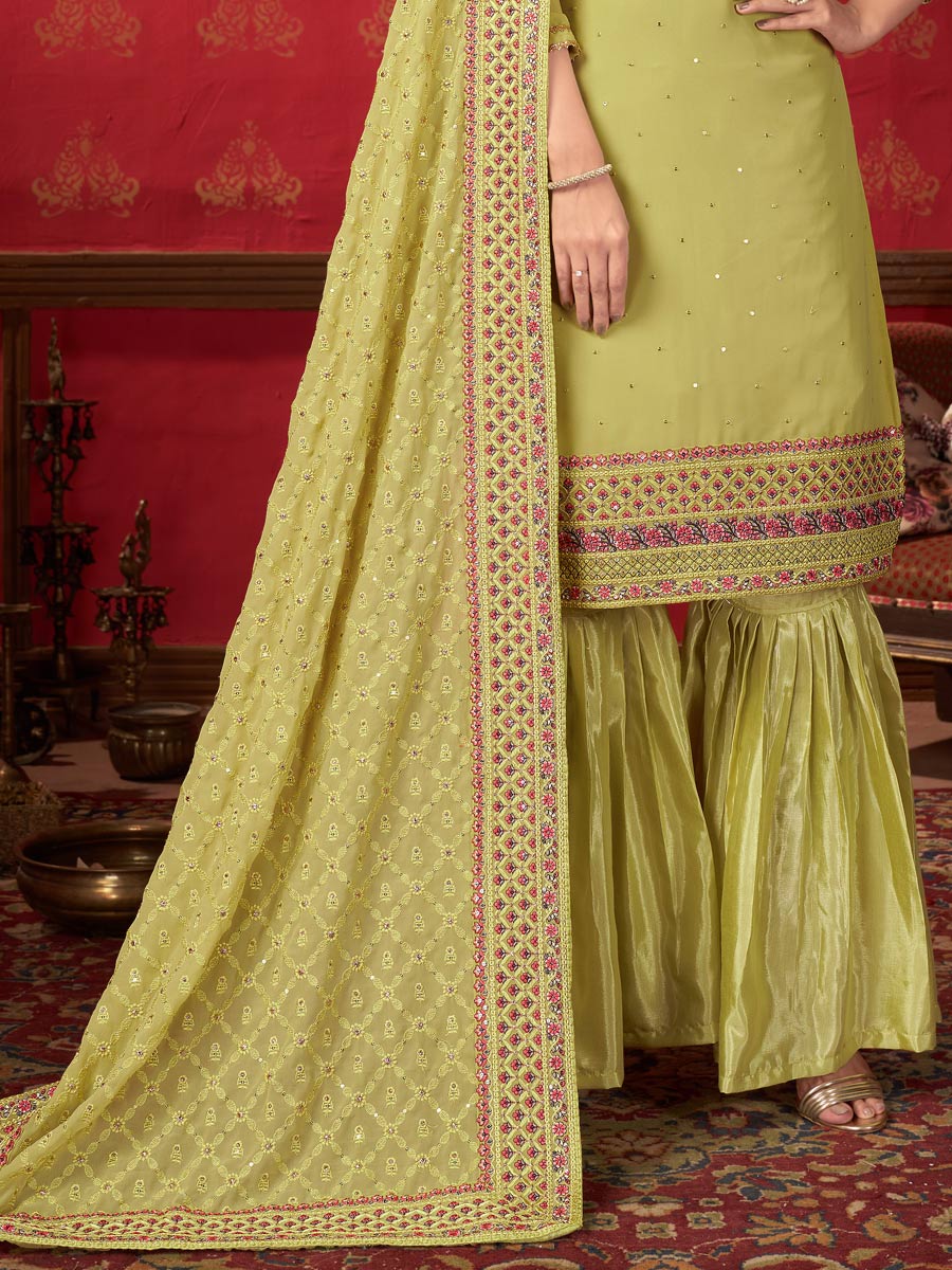 Tea Green Faux Georgette Embroidered Party Sharara Pant Kameez