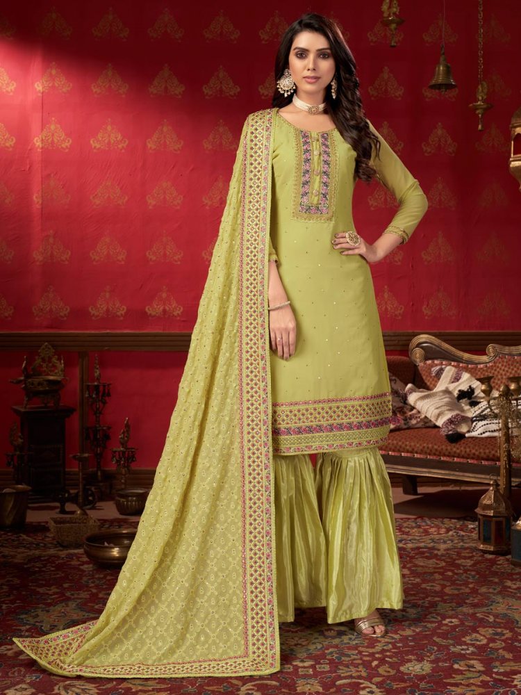 Tea Green Faux Georgette Embroidered Party Sharara Pant Kameez