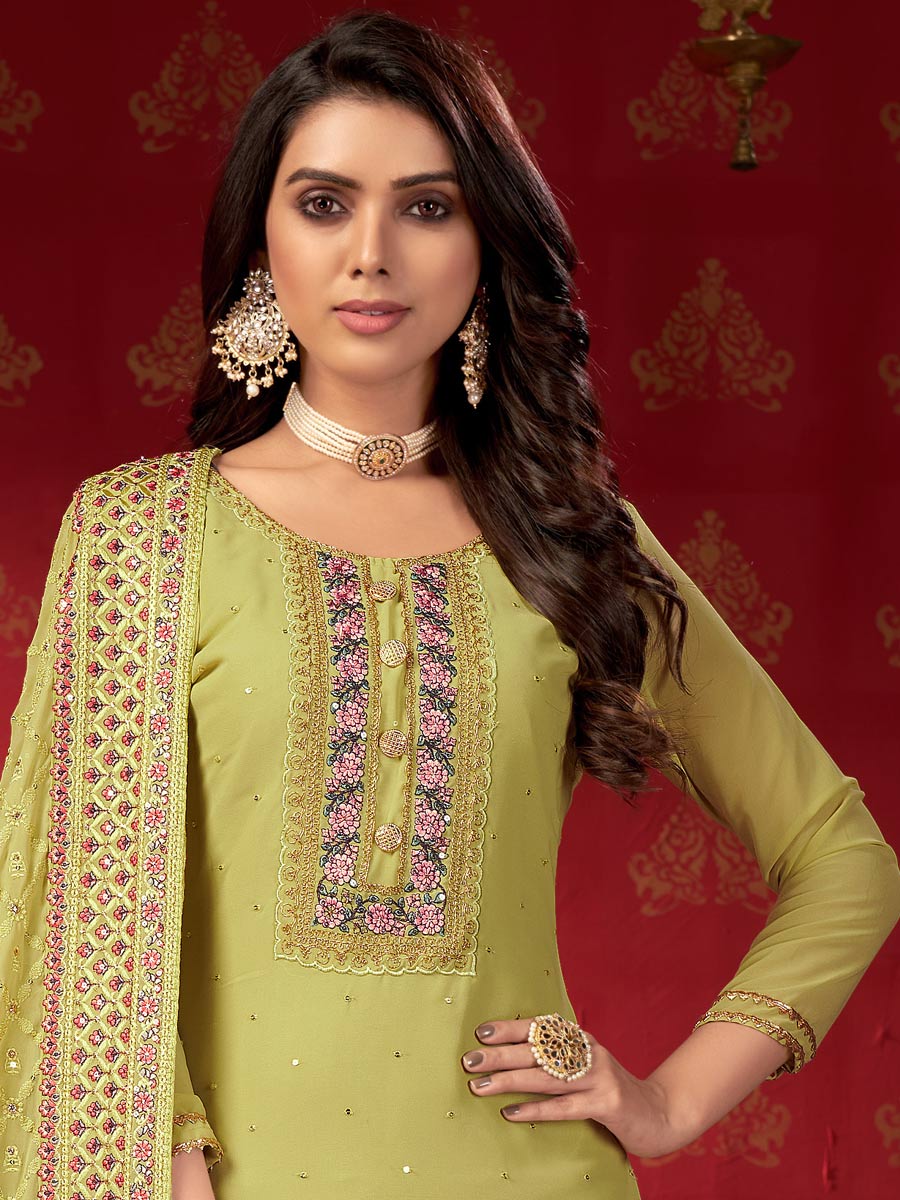 Tea Green Faux Georgette Embroidered Party Sharara Pant Kameez