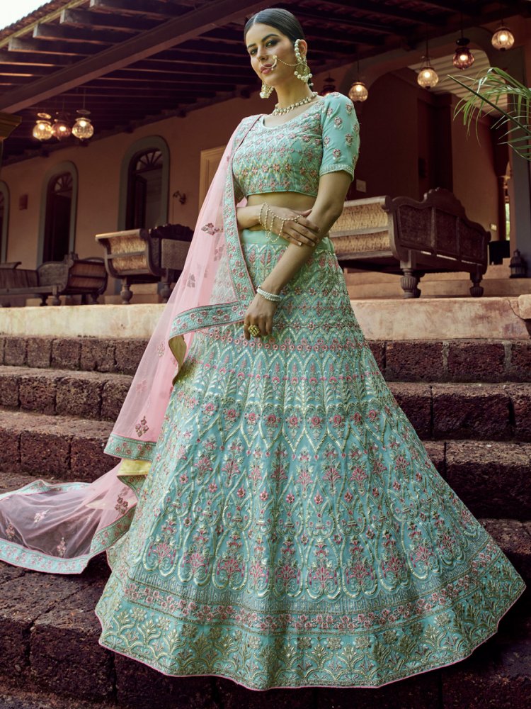 Tea Green Faux Georgette Embroidered Wedding Lehenga Choli