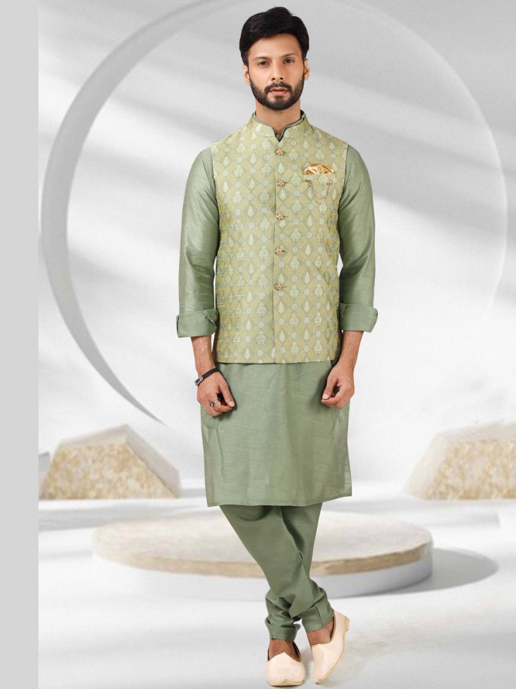 Tea Green Jacquard Banarasi Silk Woven Kurta Nehru Jacket Set