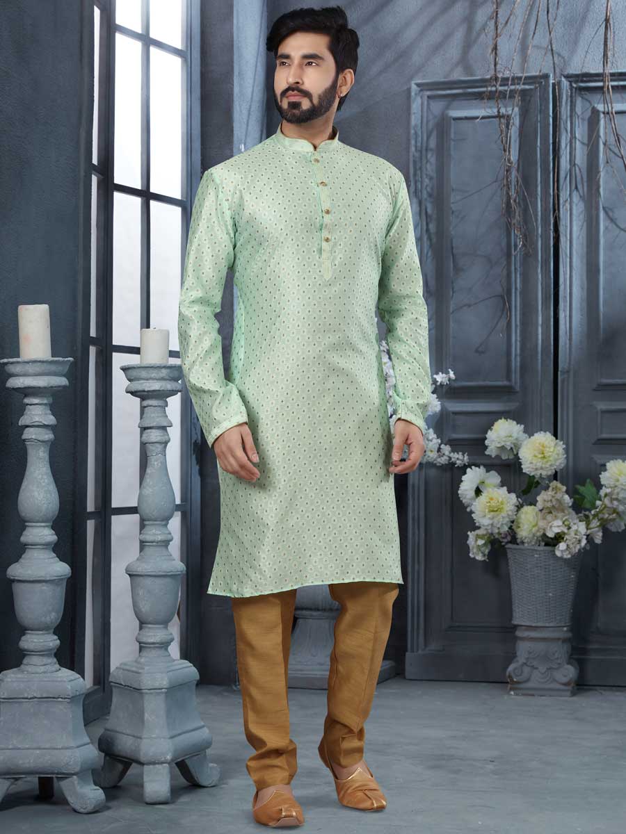 Tea Green Jacquard Embroidered Festival Kurta Set