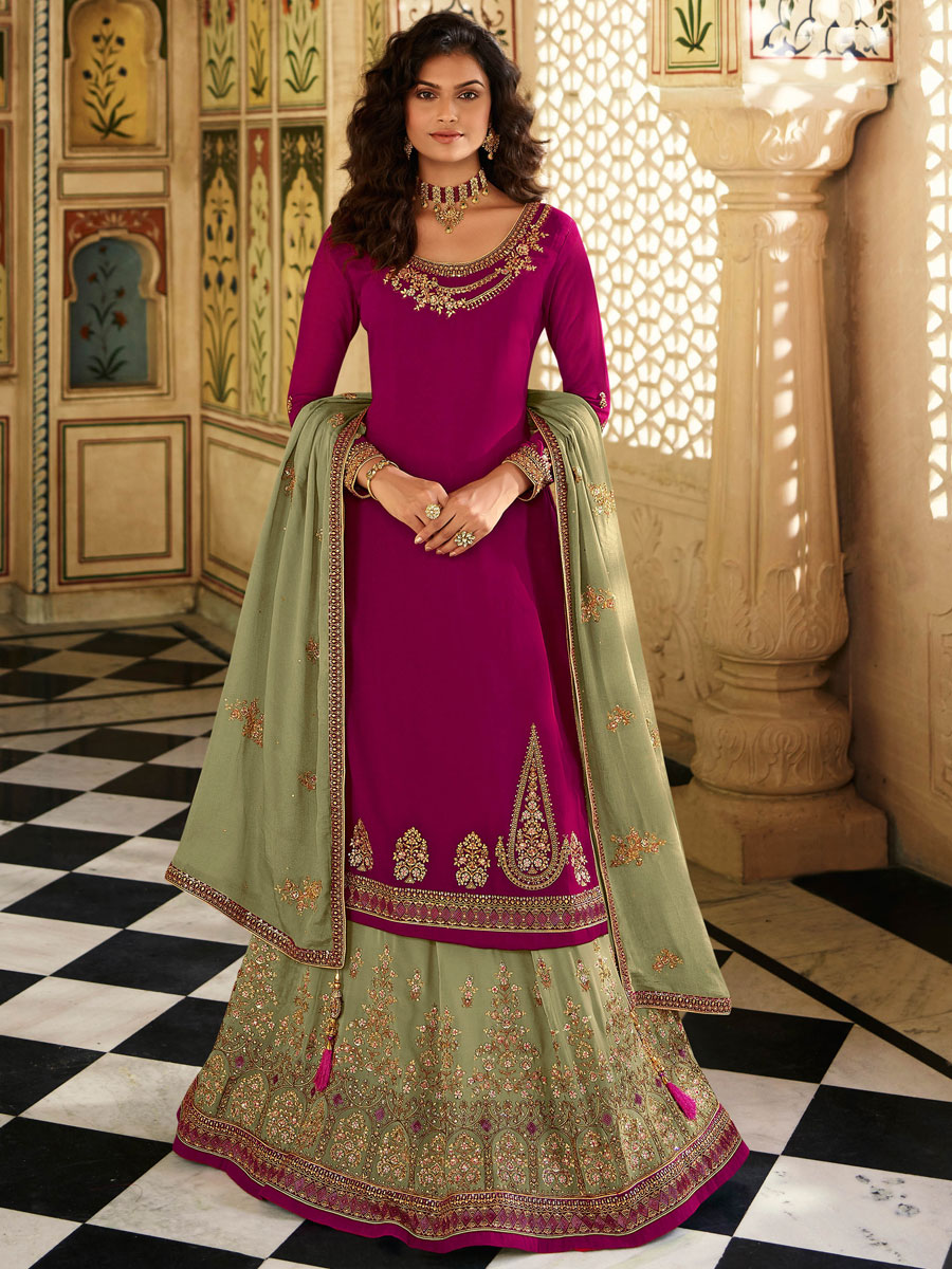Tea Green Net Embroidered Party Lehenga Suit
