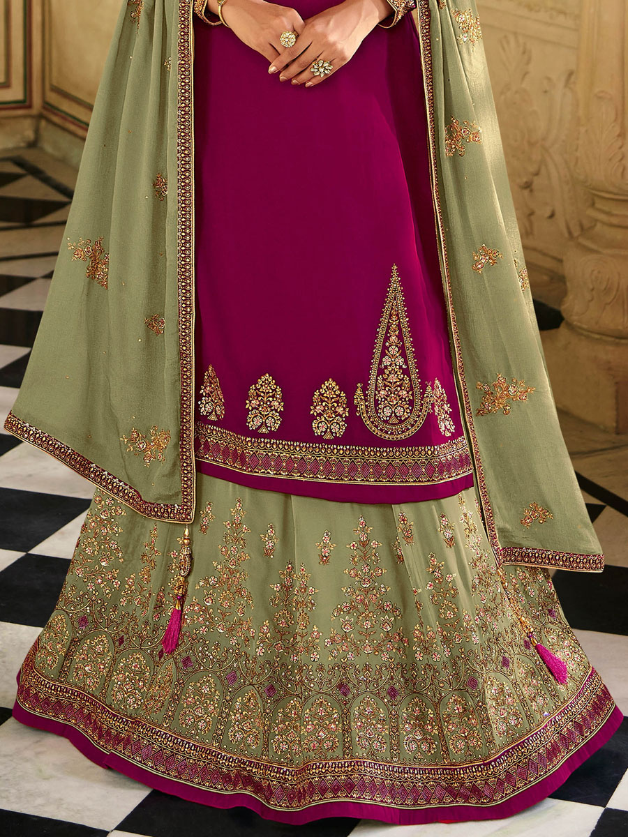 Tea Green Net Embroidered Party Lehenga Suit