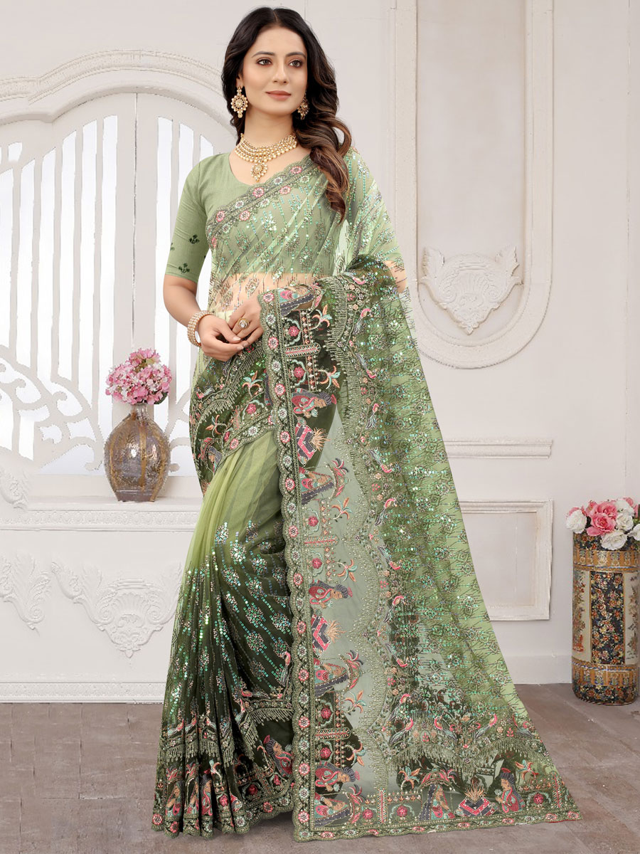 Tea Green Net Embroidered Party Saree