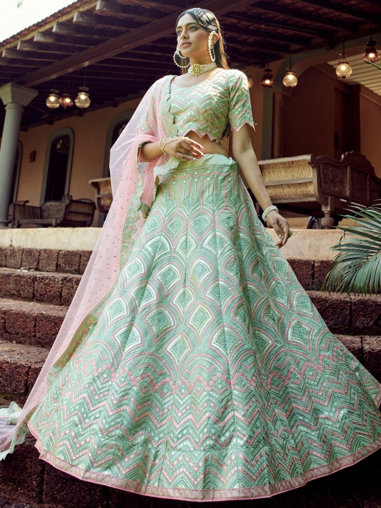 Tea Green Organza Embroidered Wedding Lehenga Choli