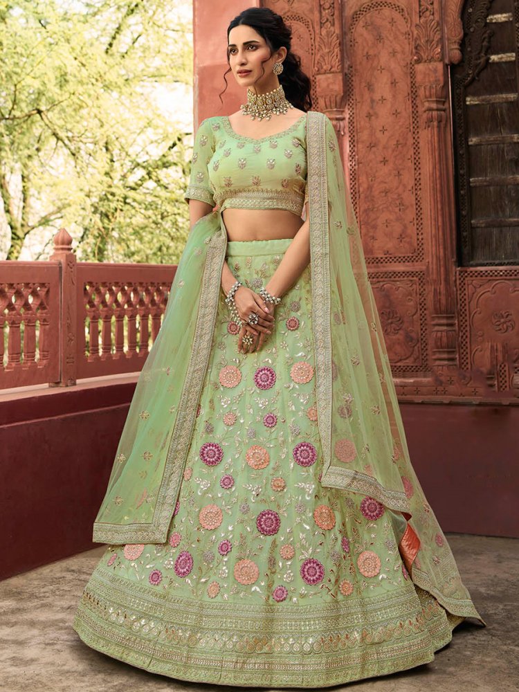 Tea Green Organza Embroidered Wedding Lehenga Choli