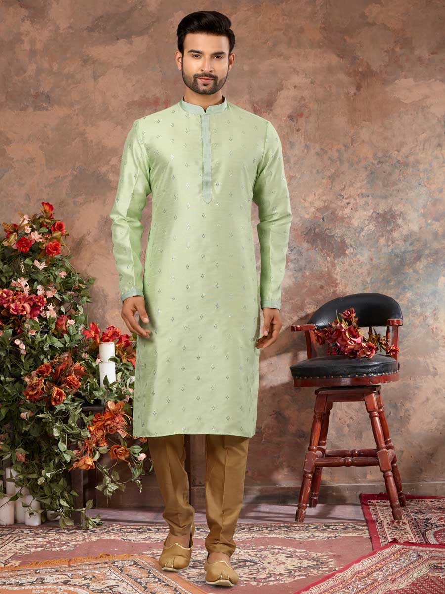 Tea Green Silk Embroidered Festival Kurta Set