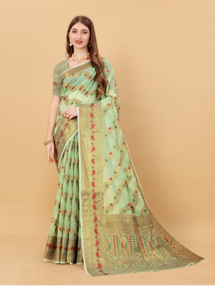 Tea Green Soft Cotton Silk Handwoven Party Saree