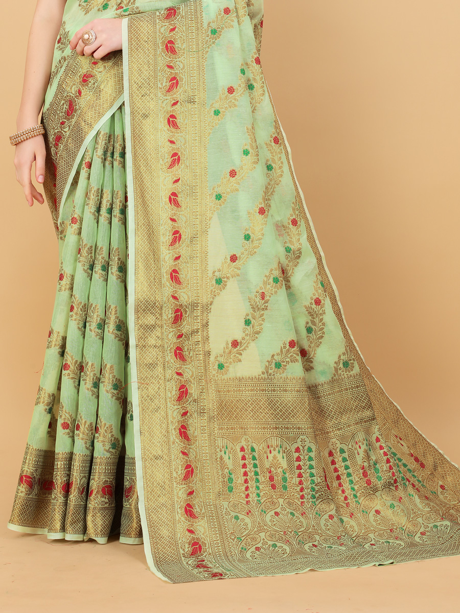 Tea Green Soft Cotton Silk Handwoven Party Saree