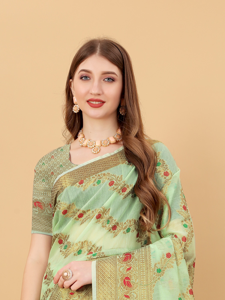Tea Green Soft Cotton Silk Handwoven Party Saree