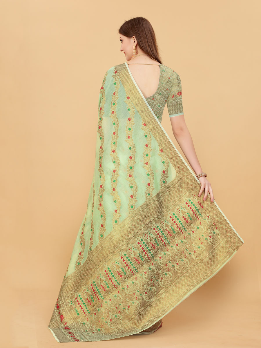 Tea Green Soft Cotton Silk Handwoven Party Saree