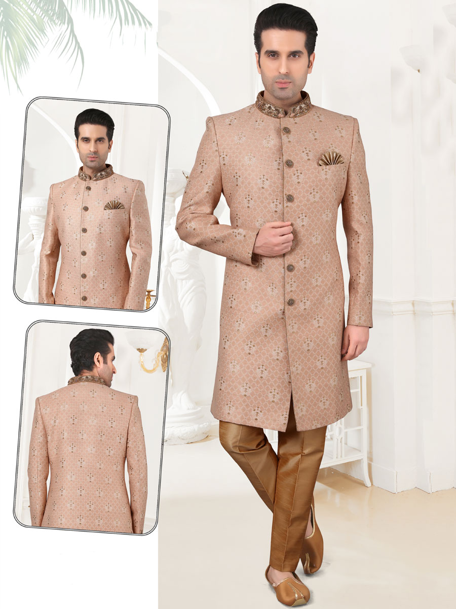 Tea Rose Pink Banarasi Brocade Embroidered Festival Sherwani