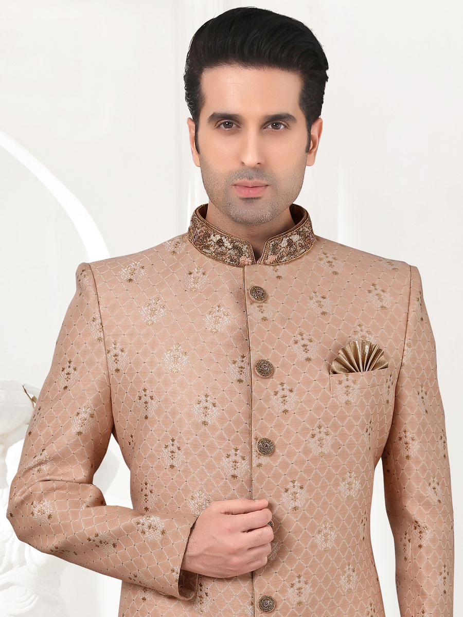 Tea Rose Pink Banarasi Brocade Embroidered Festival Sherwani