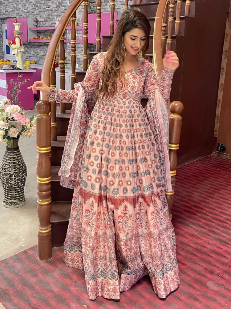 Tea Rose Pink Chanderi Silk Party Printed Lawn Kameez
