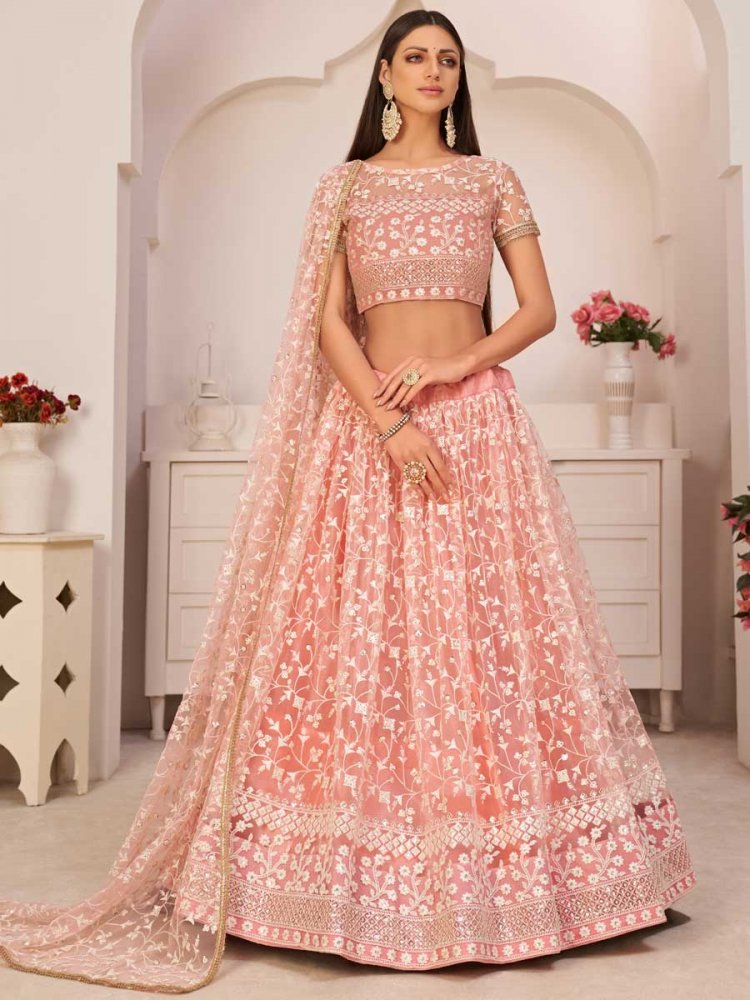 Tea Rose Pink Net Embroidered Party Lehenga Choli