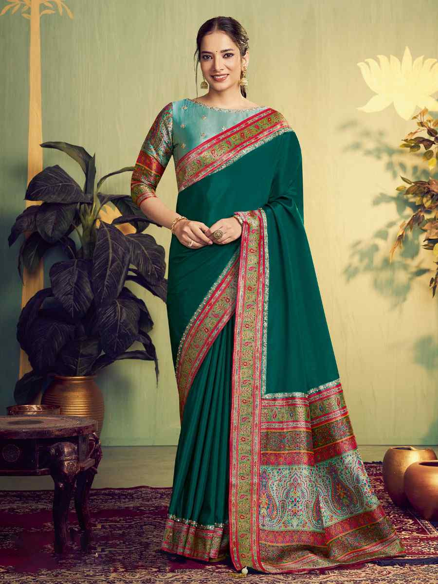 Teal Banarasi Rangkat Natural Silk Embroidery Bridal Reception Party Festival Wedding Fancy Heavy Border Sarees