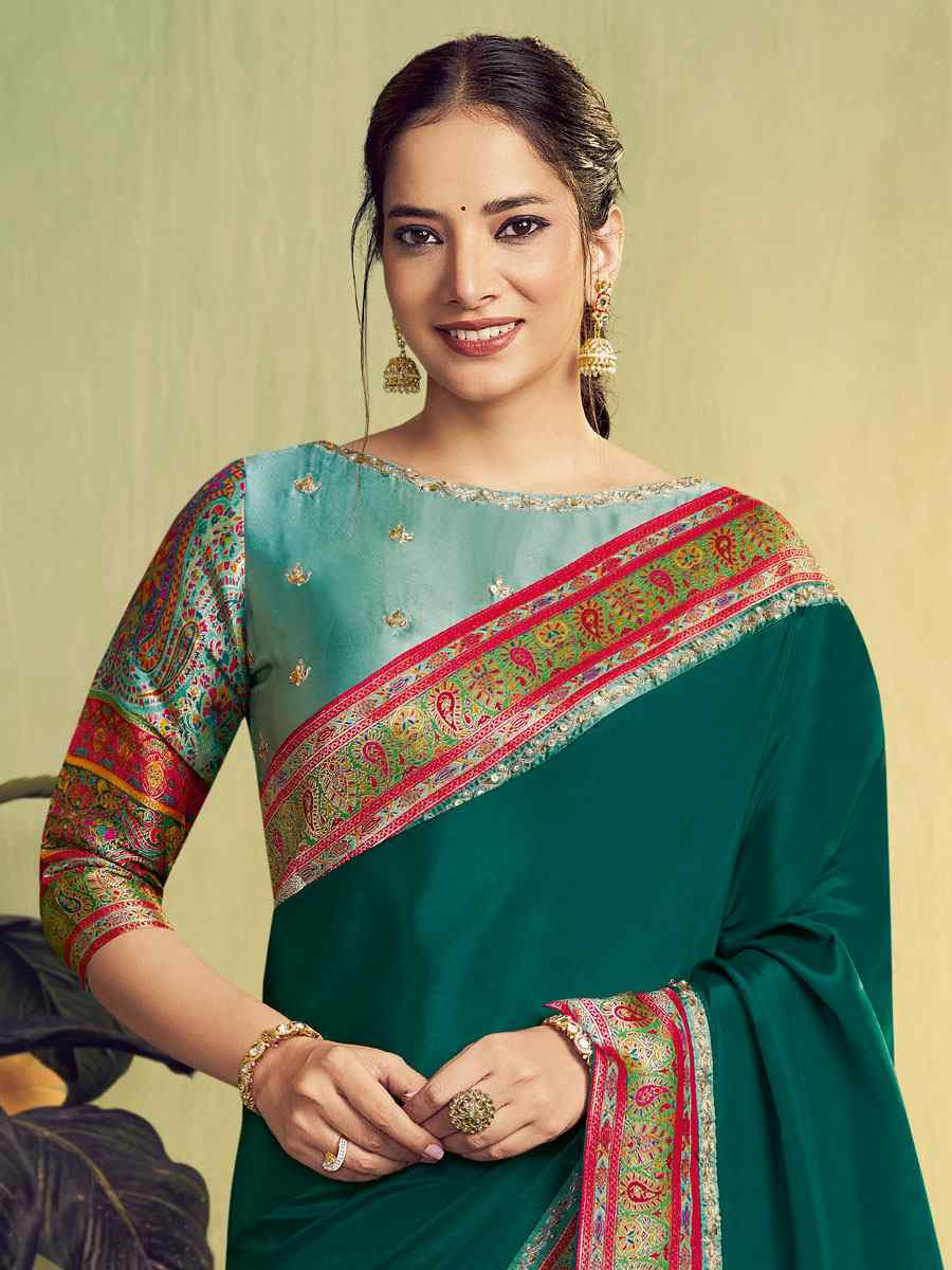 Teal Banarasi Rangkat Natural Silk Embroidery Bridal Reception Party Festival Wedding Fancy Heavy Border Sarees