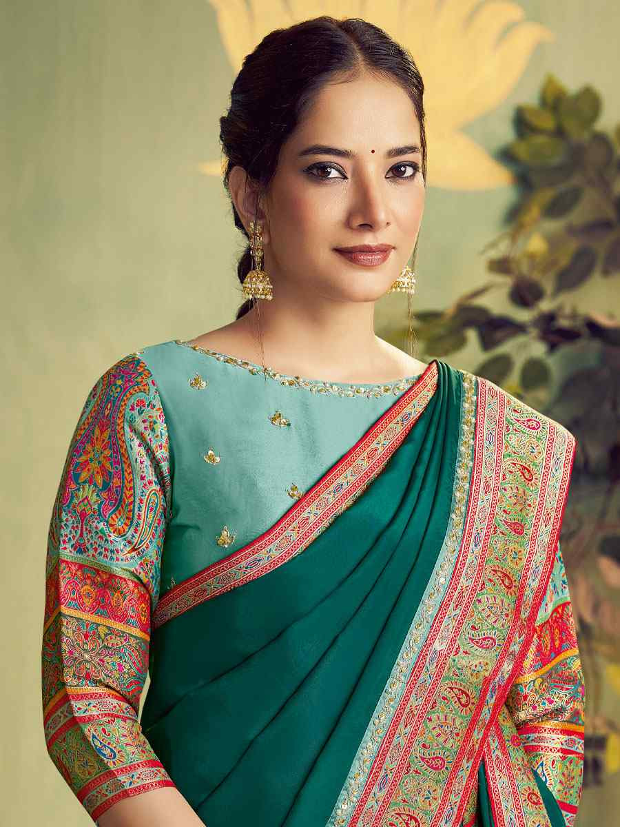 Teal Banarasi Rangkat Natural Silk Embroidery Bridal Reception Party Festival Wedding Fancy Heavy Border Sarees