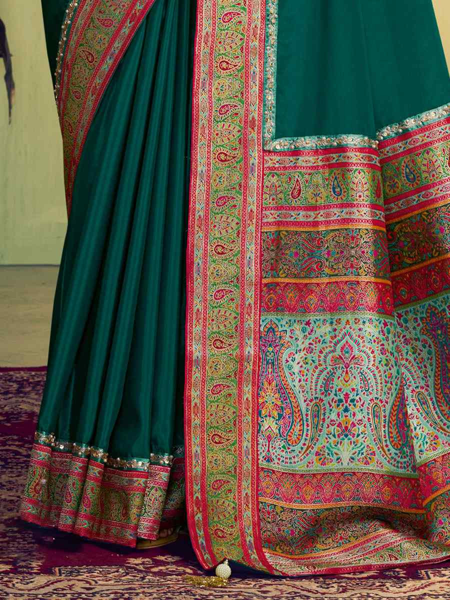 Teal Banarasi Rangkat Natural Silk Embroidery Bridal Reception Party Festival Wedding Fancy Heavy Border Sarees