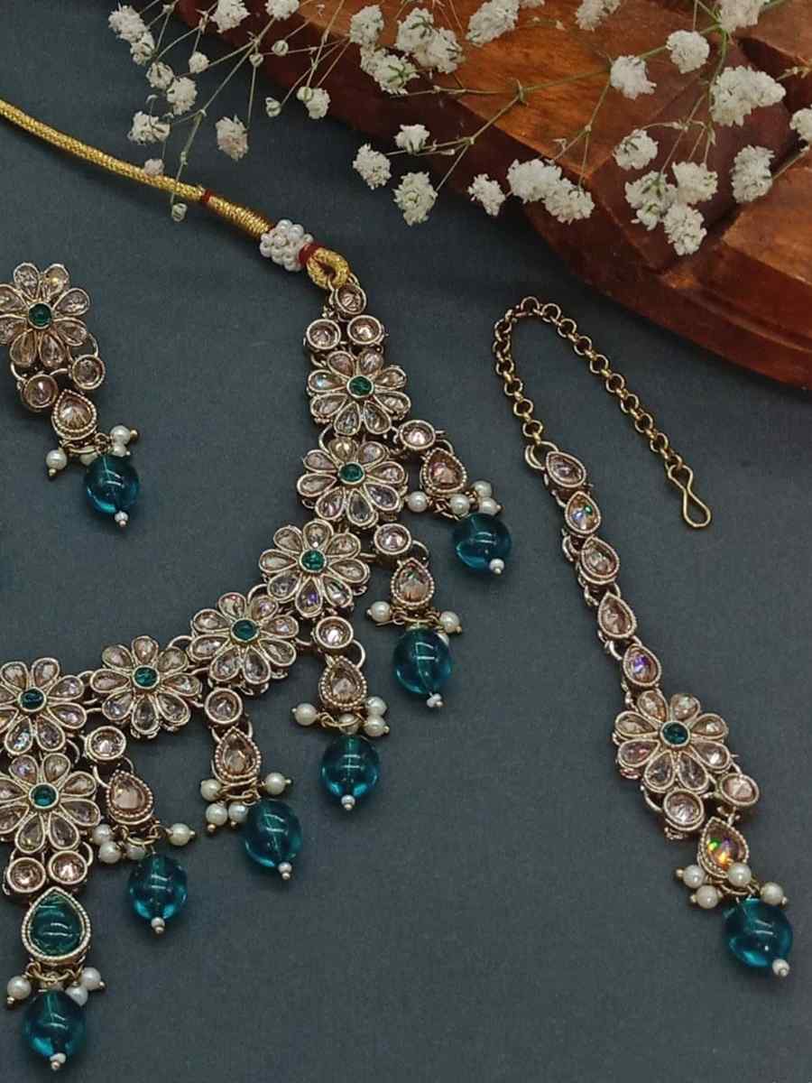Teal Alloy Metal Festival Wear Kundan Necklace