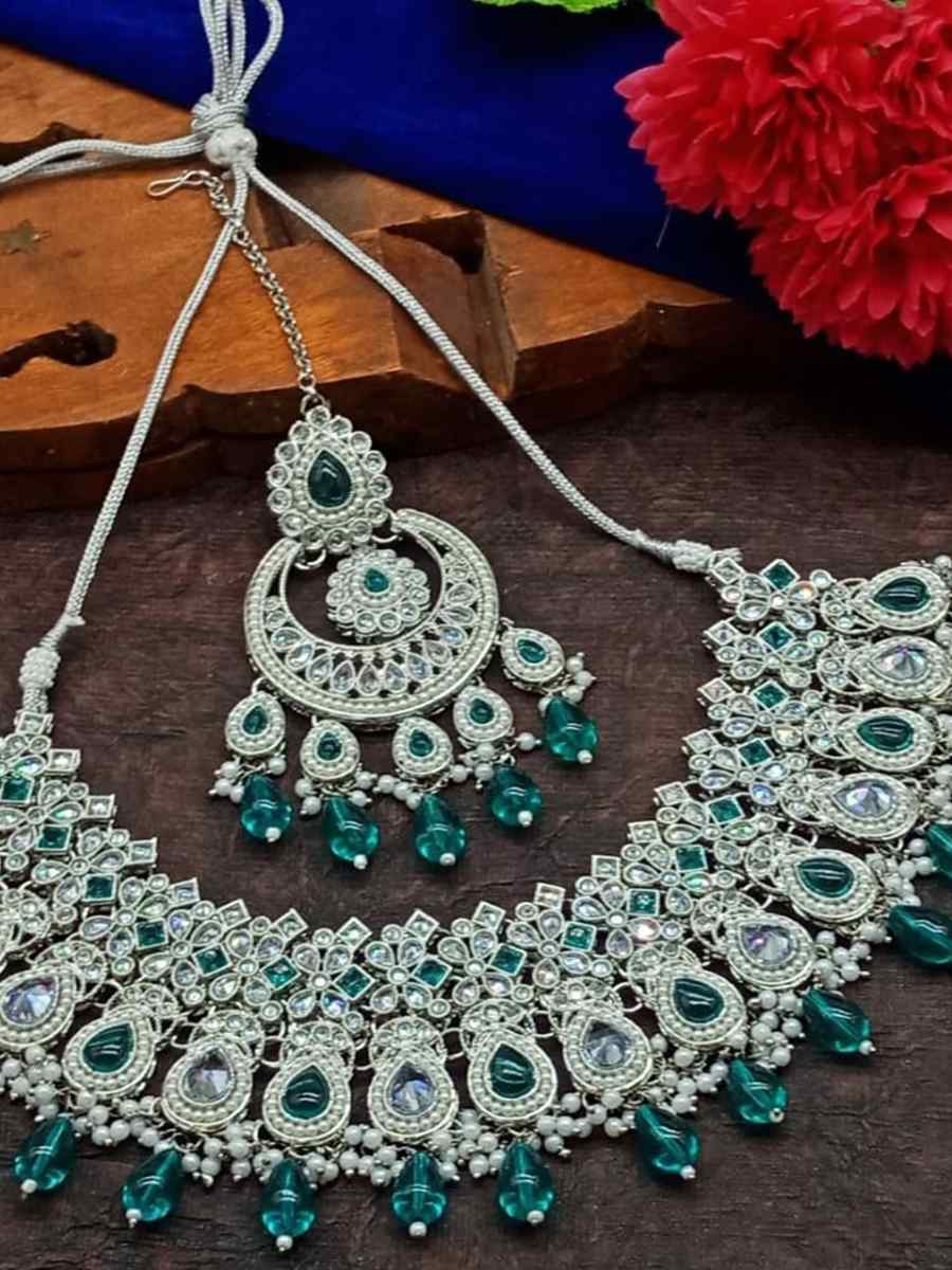 Teal Alloy Metal Festival Wear Kundan Necklace