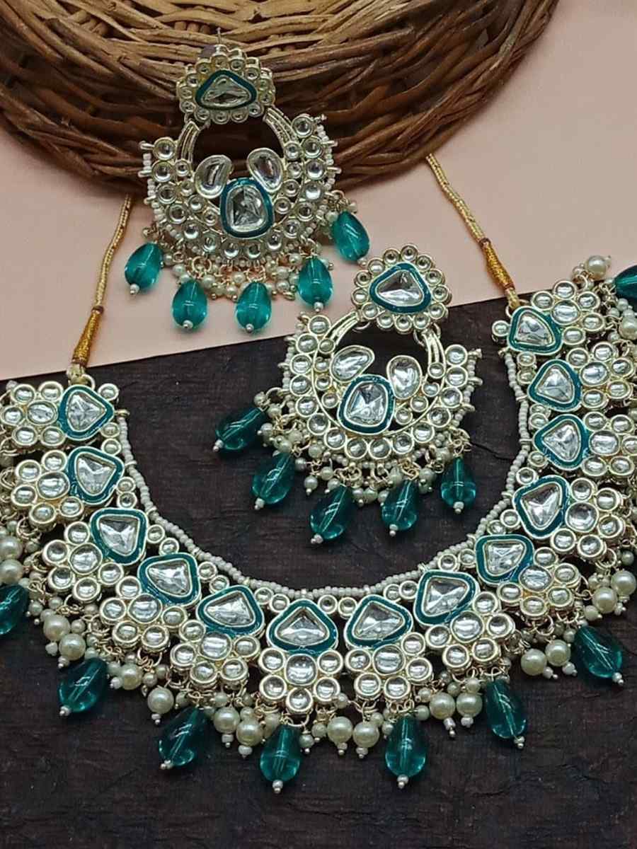 Teal Alloy Metal Festival Wear Kundan Necklace