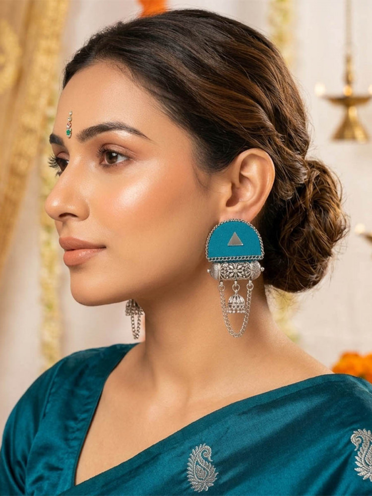 Image of Teal Alloy Wedding Party Festival Wear Oxidised Stone Work Earrings