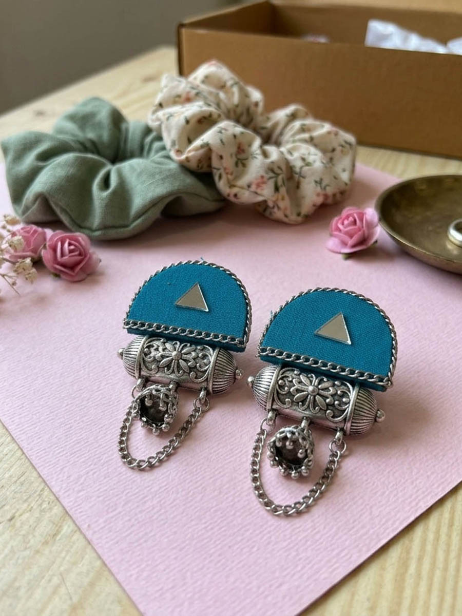 Teal Alloy Wedding Party Festival Wear Oxidised Stone Work Earrings
