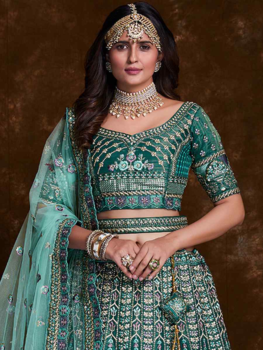 Teal Art Silk Embroidered Bridal Wedding Heavy Border Lehenga Choli