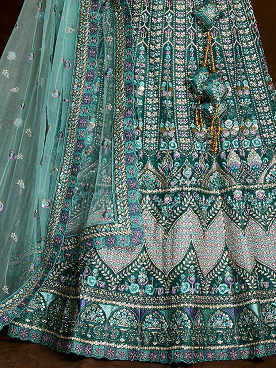 Teal Art Silk Embroidered Bridal Wedding Heavy Border Lehenga Choli