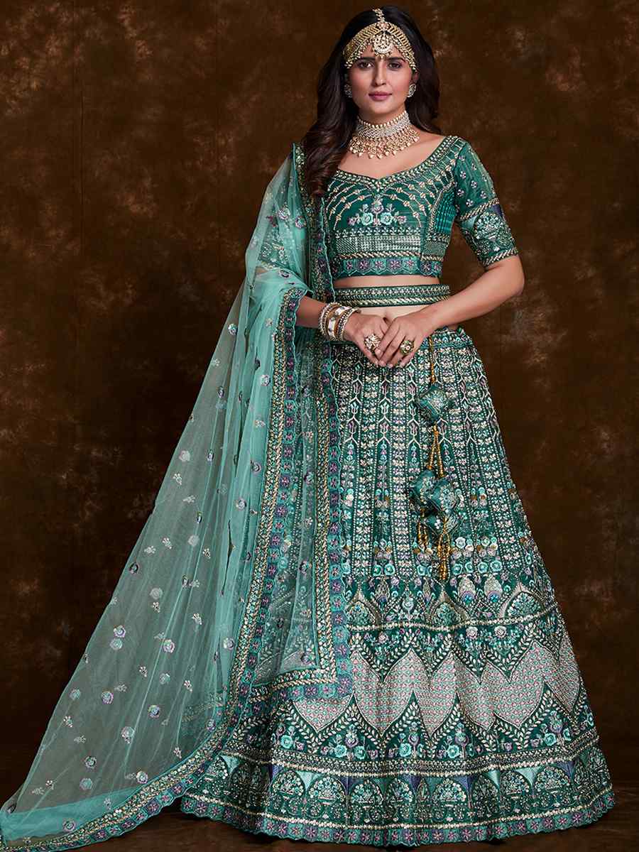 Teal Art Silk Embroidered Bridal Wedding Heavy Border Lehenga Choli