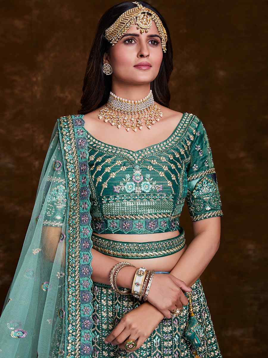 Teal Art Silk Embroidered Bridal Wedding Heavy Border Lehenga Choli