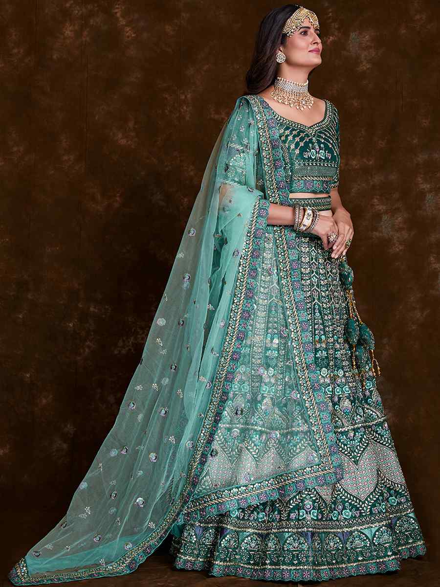 Teal Art Silk Embroidered Bridal Wedding Heavy Border Lehenga Choli