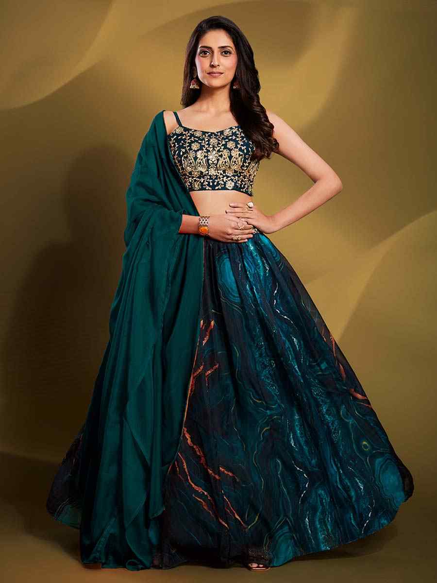 Teal Art Silk Embroidered Engagement Wedding Heavy Border Lehenga Choli