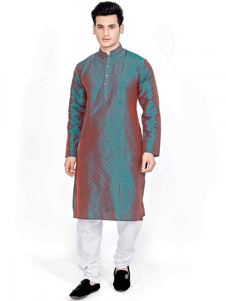 Teal Art Silk Woven Festival Kurta