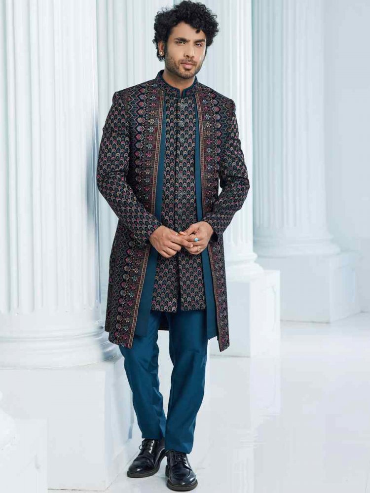 Teal Art Silk Woven Wedding Groom Sherwani