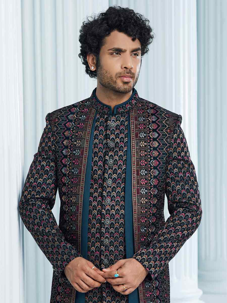 Teal Art Silk Woven Wedding Groom Sherwani