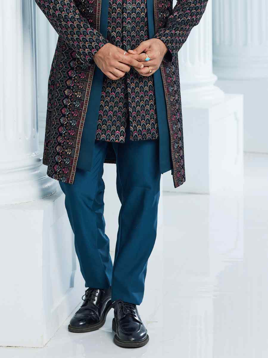 Teal Art Silk Woven Wedding Groom Sherwani