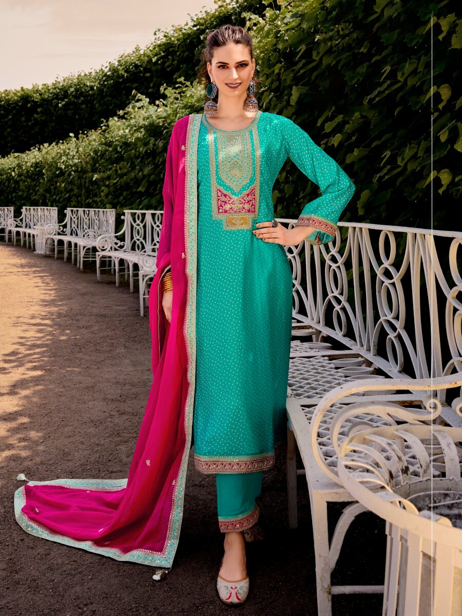 Teal Bambarg Russian Silk Embroidery Digital Printed Wedding Party Festival Casual Pant Salwar Kameez