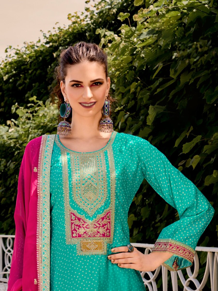 Teal Bambarg Russian Silk Embroidery Digital Printed Wedding Party Festival Casual Pant Salwar Kameez