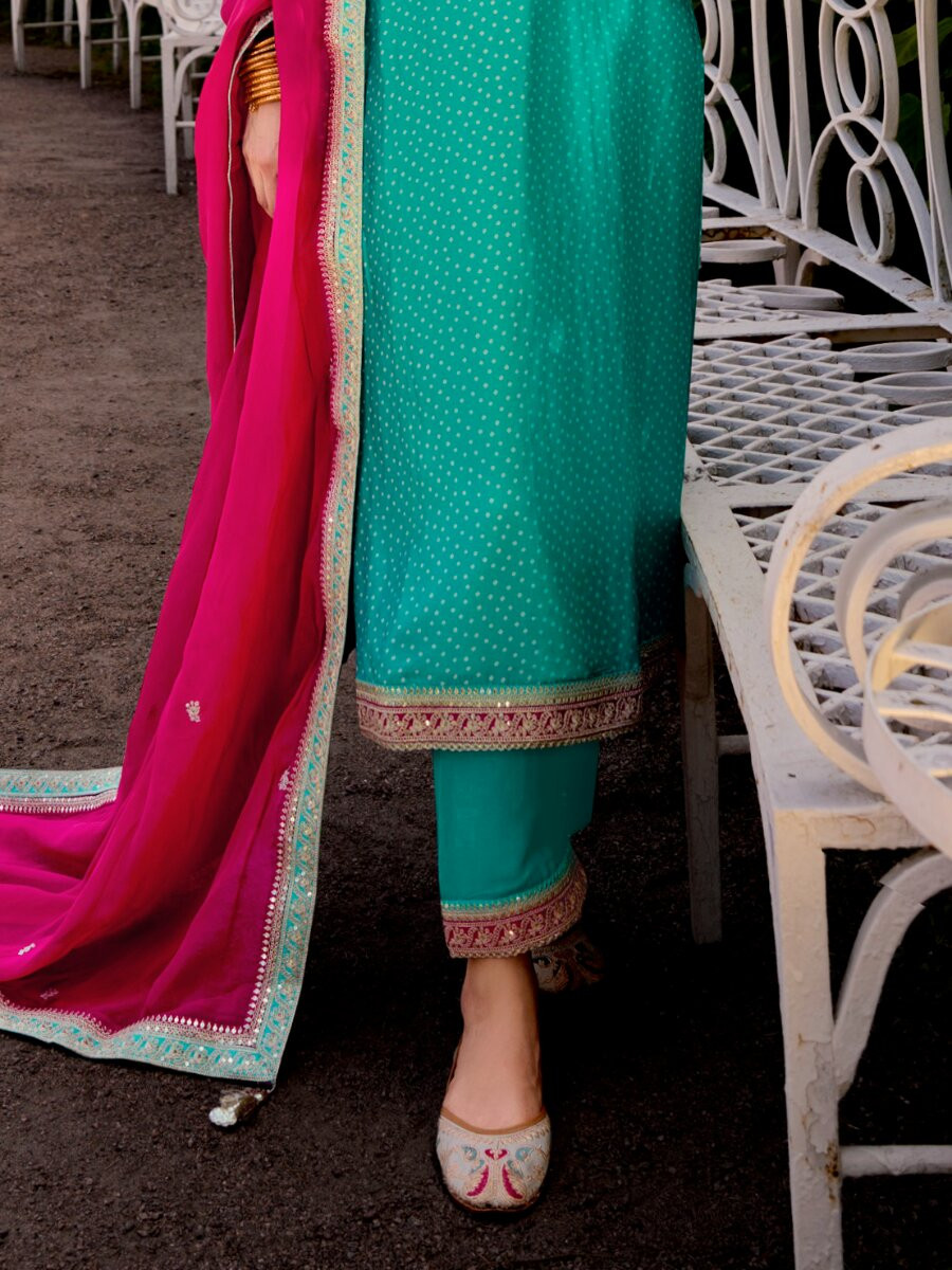 Teal Bambarg Russian Silk Embroidery Digital Printed Wedding Party Festival Casual Pant Salwar Kameez
